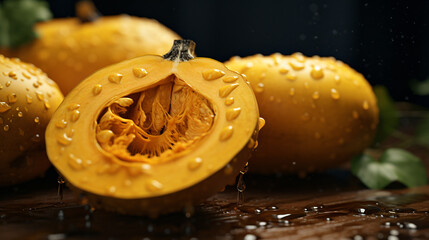 Delicious beautiful butternut squashon dark background. Close-up image of a orange butternut squash