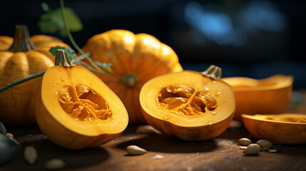 Delicious beautiful butternut squashon dark background. Close-up image of a orange butternut squash