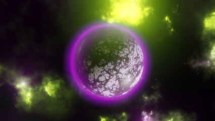 Amazing exoplanet, sci-fi background. Realistic planet with atmosphere in space with stars. Alien planet in neon tones.