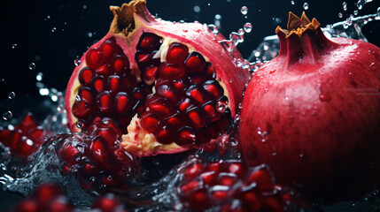 Delicious beautiful pomegranate on dark background. Close-up image of a red pomegranate