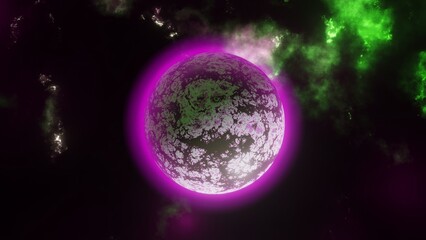 Exoplanet with a solid surface and an acid atmosphere on a abstract space background.