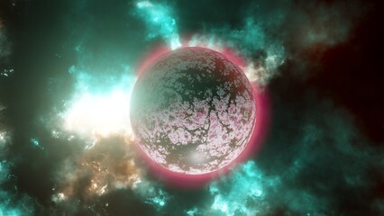 Amazing exoplanet, sci-fi background. Realistic planet with atmosphere in space with stars. Alien planet in neon tones.