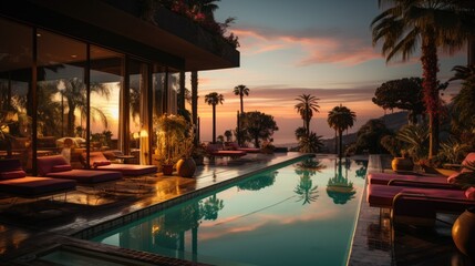 Fototapeta na wymiar Dusk Serenity: Tranquil Evening at a Luxury Tourist Resort With Palm Trees and Swimming Pool in a Rich House