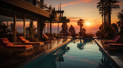 Fototapeta na wymiar Dusk Serenity: Tranquil Evening at a Luxury Tourist Resort With Palm Trees and Swimming Pool in a Rich House