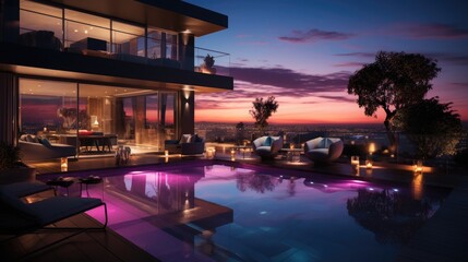Fototapeta premium Dusk Serenity: Tranquil Evening at a Luxury Tourist Resort With Palm Trees and Swimming Pool in a Rich House