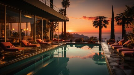 Dusk Serenity: Tranquil Evening at a Luxury Tourist Resort With Palm Trees and Swimming Pool in a Rich House