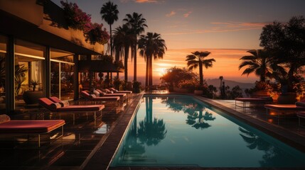 Dusk Serenity: Tranquil Evening at a Luxury Tourist Resort With Palm Trees and Swimming Pool in a Rich House