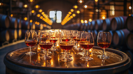 Glasses for wine tasting are available on a table in a wine cellar