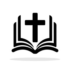 Bible with Christian cross icon. Black religious symbol. Christian church symbol.