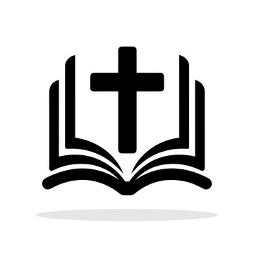 Bible with Christian cross icon. Black religious symbol. Christian church symbol.