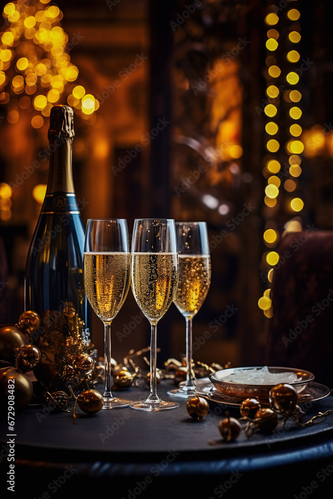 Wall mural set with bottle and glasses of champagne on a festive decorated table