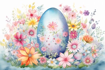 Fototapeta na wymiar Watercolor-Painted Easter Card: Central Easter Egg Surrounded by Wildflowers, a Whimsical Spring Scene