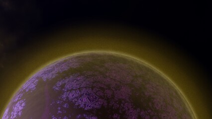 Futuristic fantasy landscape, sci-fi landscape with planet, neon light, cold planet with ice. 3d illustration.