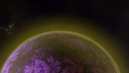 Panoramic view on exoplanet globe from space with colorful neon atmosphere. Glowing lights, light emission.