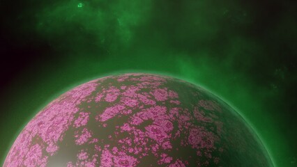 Futuristic fantasy landscape, sci-fi landscape with planet, neon light, cold planet with ice. 3d illustration.