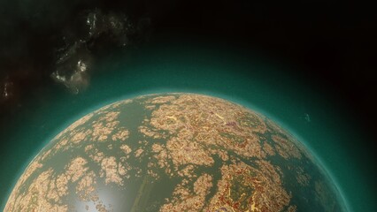 Planet witch colorful surface, view from orbit. Relief and craters. Cosmic landscape.