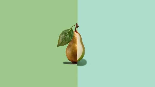 Stop motion Cut and whole Pear appear and disappear on pastel background. High quality video 4K. Detailed stop motion video. Background or wallpaper in food and drinks videos.