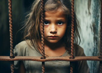 Portrait of poor, hungry neglected, dirty girl standing behind old rusty iron fence. Poverty, misery, migrants, homeless people, war