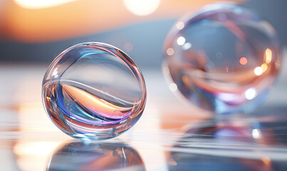 Transparent glass orbs with intricate reflections.