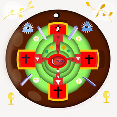 Beautiful medal dedicated in homage to Jesus with Christian decoration of golden olive branches, golden cups of Christ, gaze of God. Victory and power.