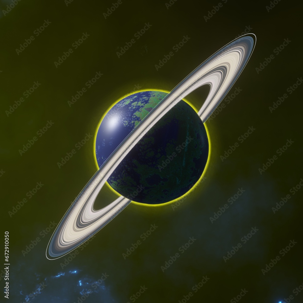 Wall mural alien planet with ring, 3d render planet with abstract space background