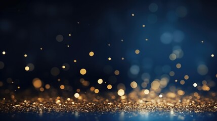 Fototapeta premium Beautiful abstract background with dark blue and gold particles. Festive light shines with bokeh particles on a dark blue background. Holiday concept.