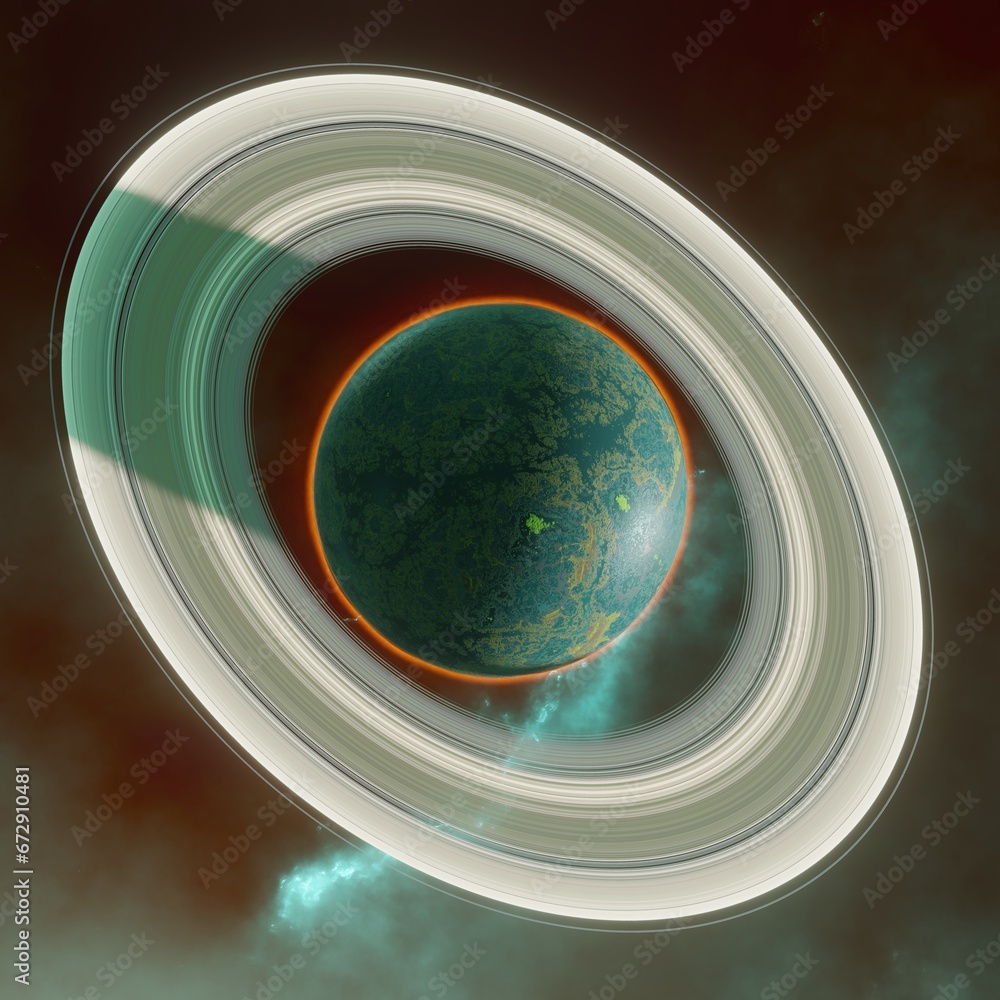 Wall mural planet with a system of rings in the background of the deep space nebula. science fiction.
