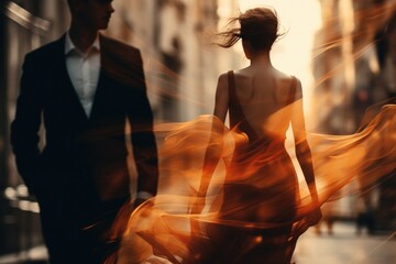 photo of a couple in love walking along the evening street in a stylish evening dress, image blur