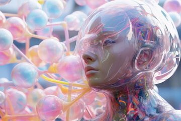 A robot or artificial person made of iridescent plastic in the full light. AI Generative