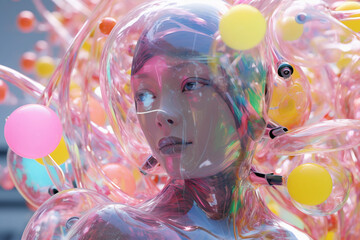 Robot android with a beautiful female appearance on a white background. Bubbles space. AI generative.
