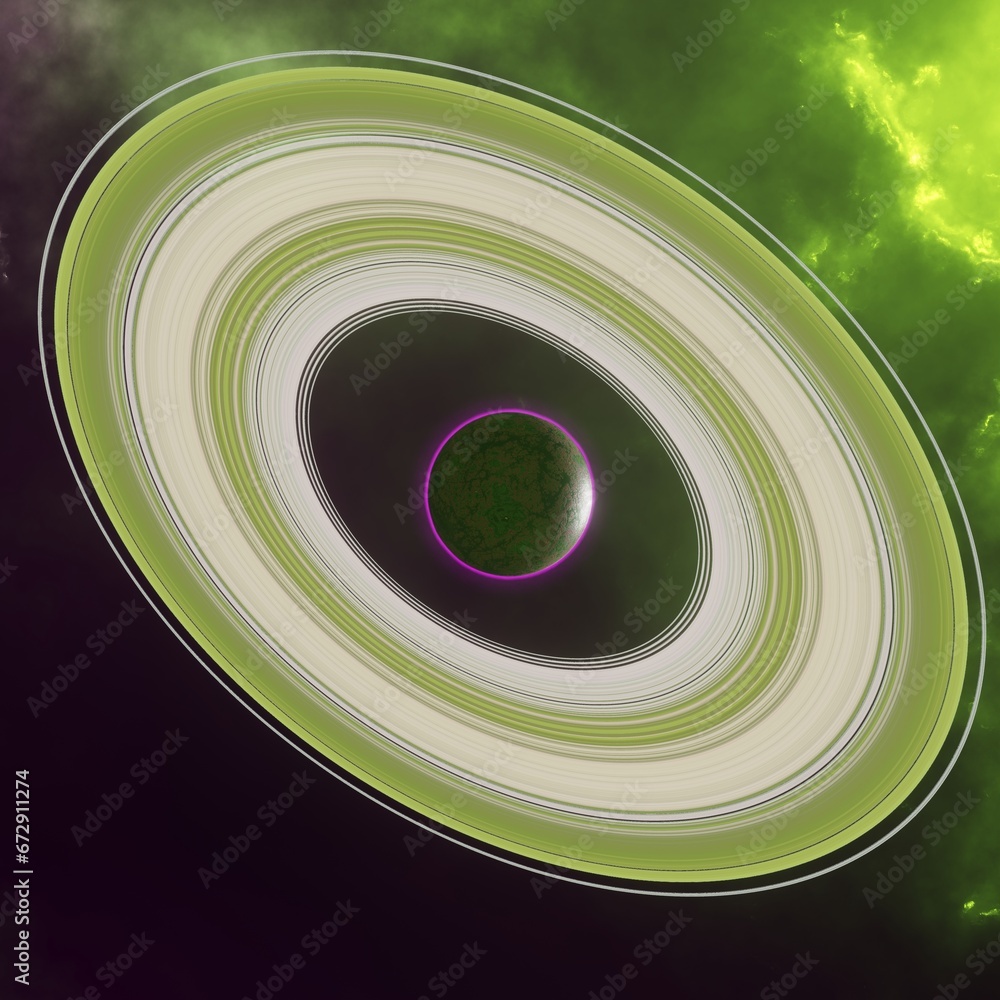 Wall mural planet with a system of rings in the background of the deep space nebula. science fiction.