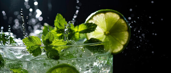 Close-up refreshing mojito pour, lime and mint splash.