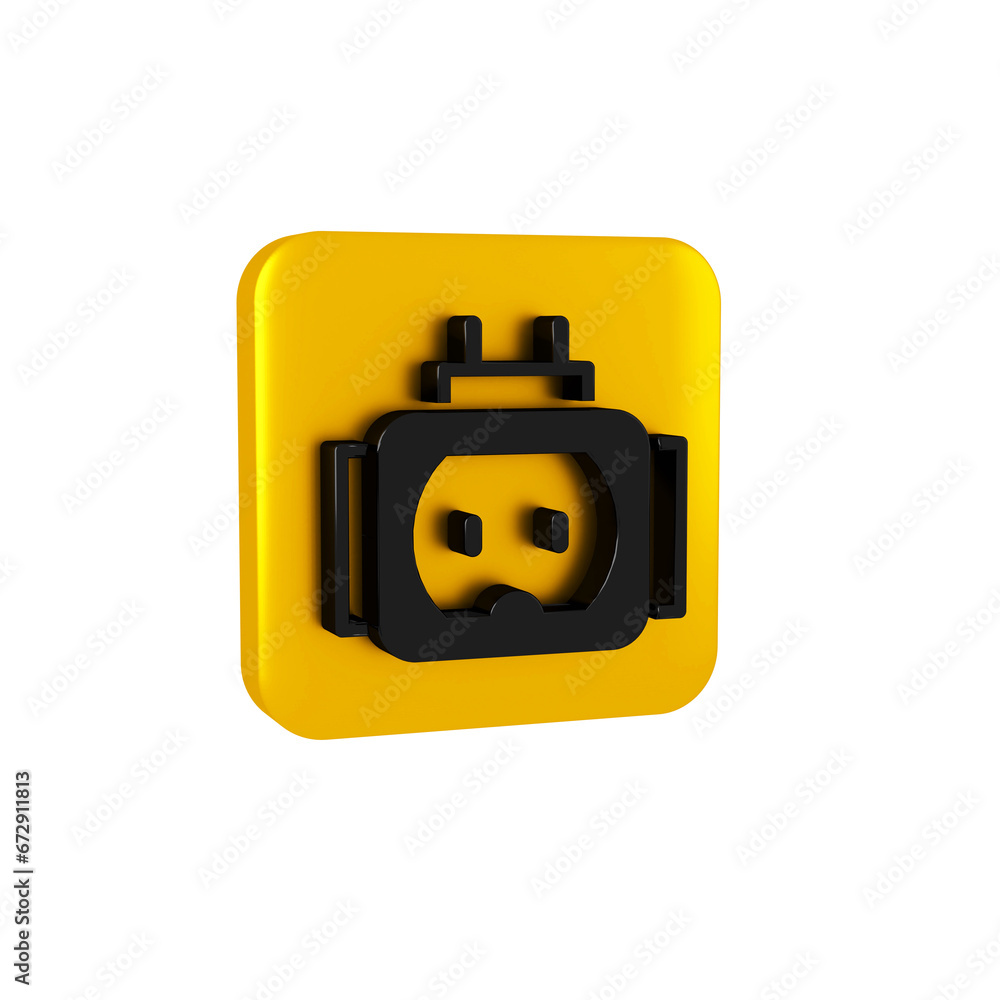 Poster black tee plug electric with clipping path icon isolated on transparent background. yellow square bu