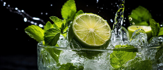 Close-up refreshing mojito pour, lime and mint splash.