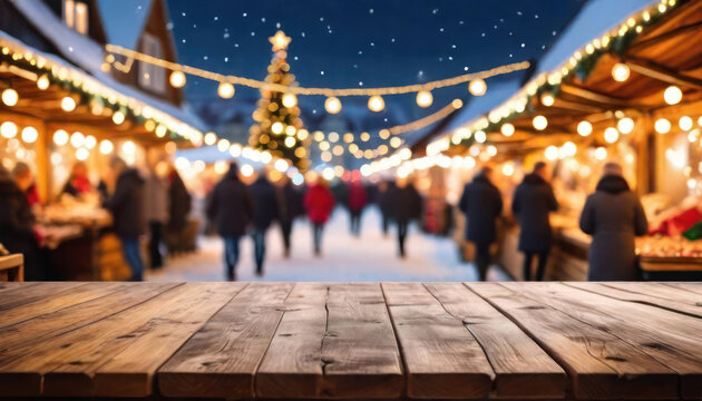 Empty wood table with christmas market background with copy space