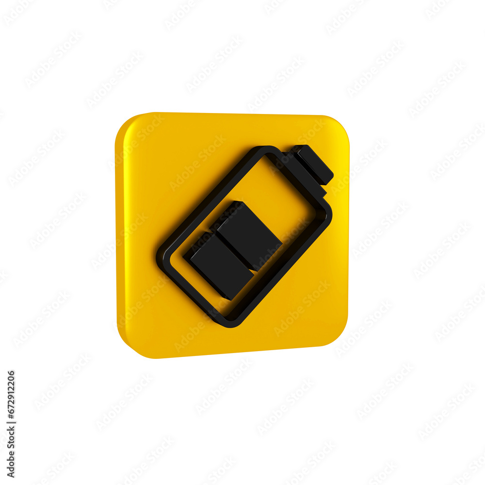 Poster black battery charge level indicator icon isolated on transparent background. yellow square button.