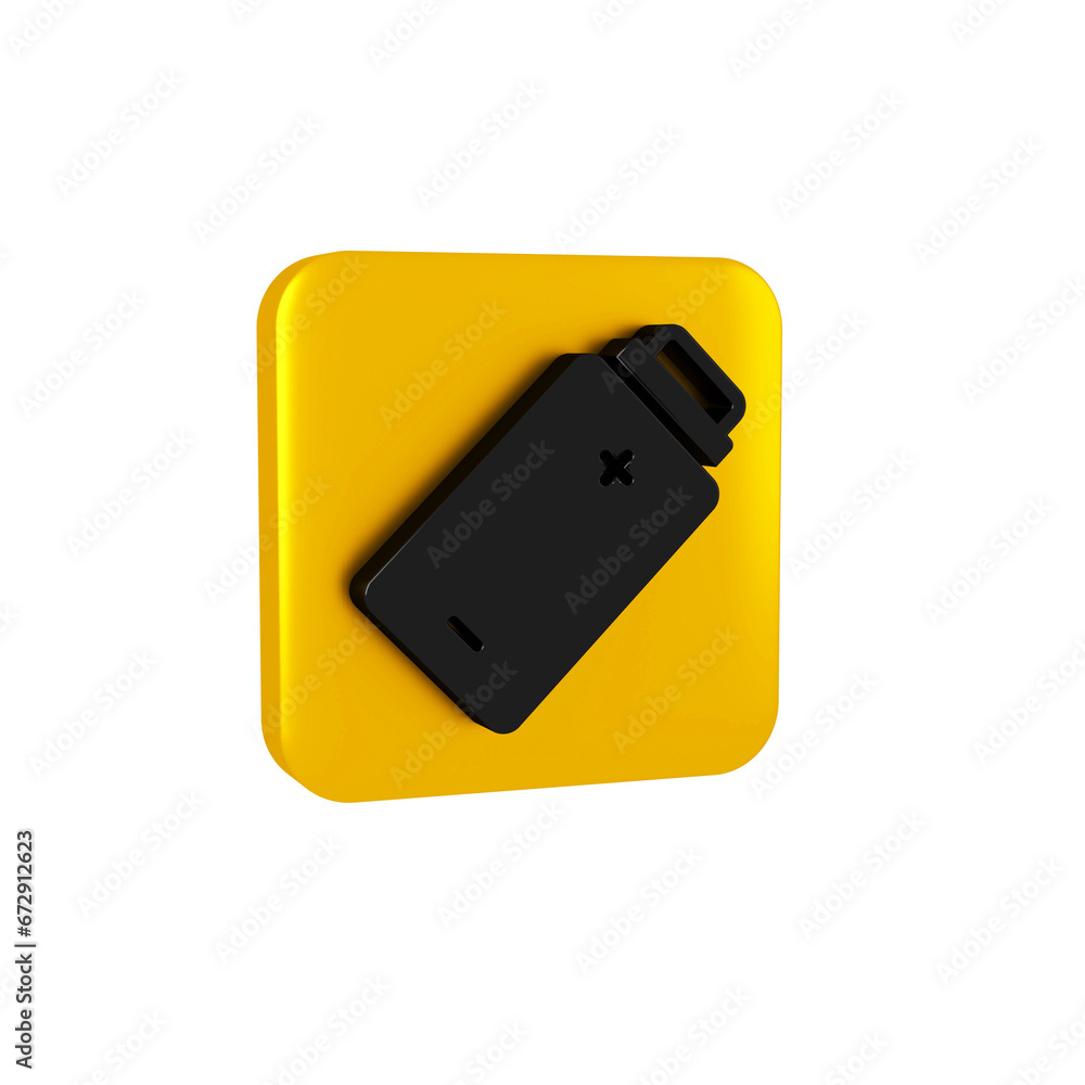 Poster black battery charge level indicator icon isolated on transparent background. yellow square button.