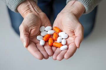 Healthcare, pills and hands of elderly person with capsules, medication and treatment in palm