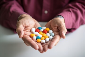 Healthcare, pills and hands of elderly person with capsules, medication and treatment in palm