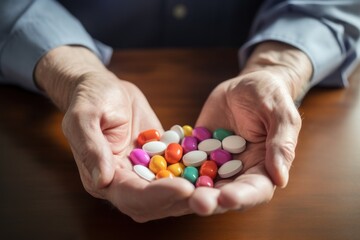 Healthcare, pills and hands of elderly person with capsules, medication and treatment in palm