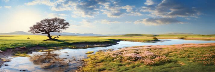 Obraz premium Steppe landscape with a vibrant spring flowing.