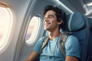 Fotobehang Portrait of young male traveler on board a plane © yuliachupina