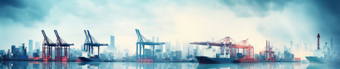 Foggy seaport, large ship docked.