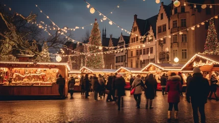 Deurstickers People in Christmas market, an illuminated street. Festive new year lights. © lolya1988