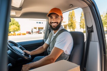 Shot of young man delivering a package while sitting in a vehicle - obrazy, fototapety, plakaty