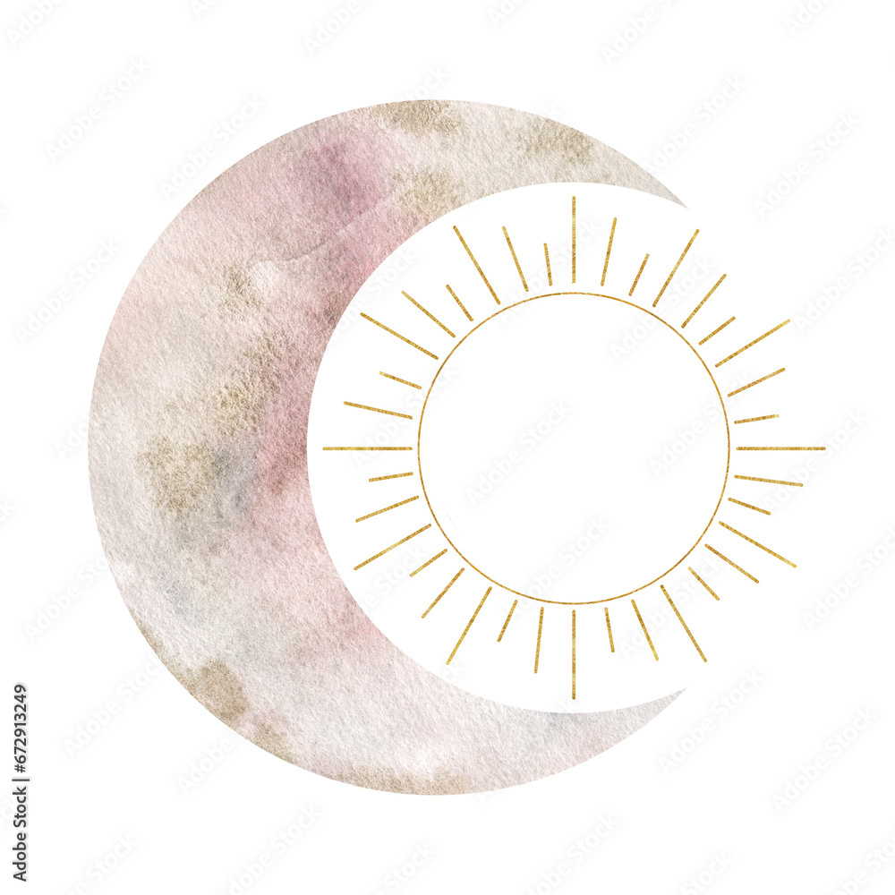 Wall mural crescent moon and sun. esoteric signs and symbols. watercolor illustrations on the topic of astrolog