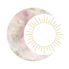 Crescent moon and sun. Esoteric signs and symbols. Watercolor illustrations on the topic of astrology and esotericism. Isolated. Minimalistic illustration for design, print, fabric or background.
