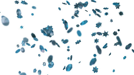 3d snowflakes blizzard. Macro with depth of field in transparent background