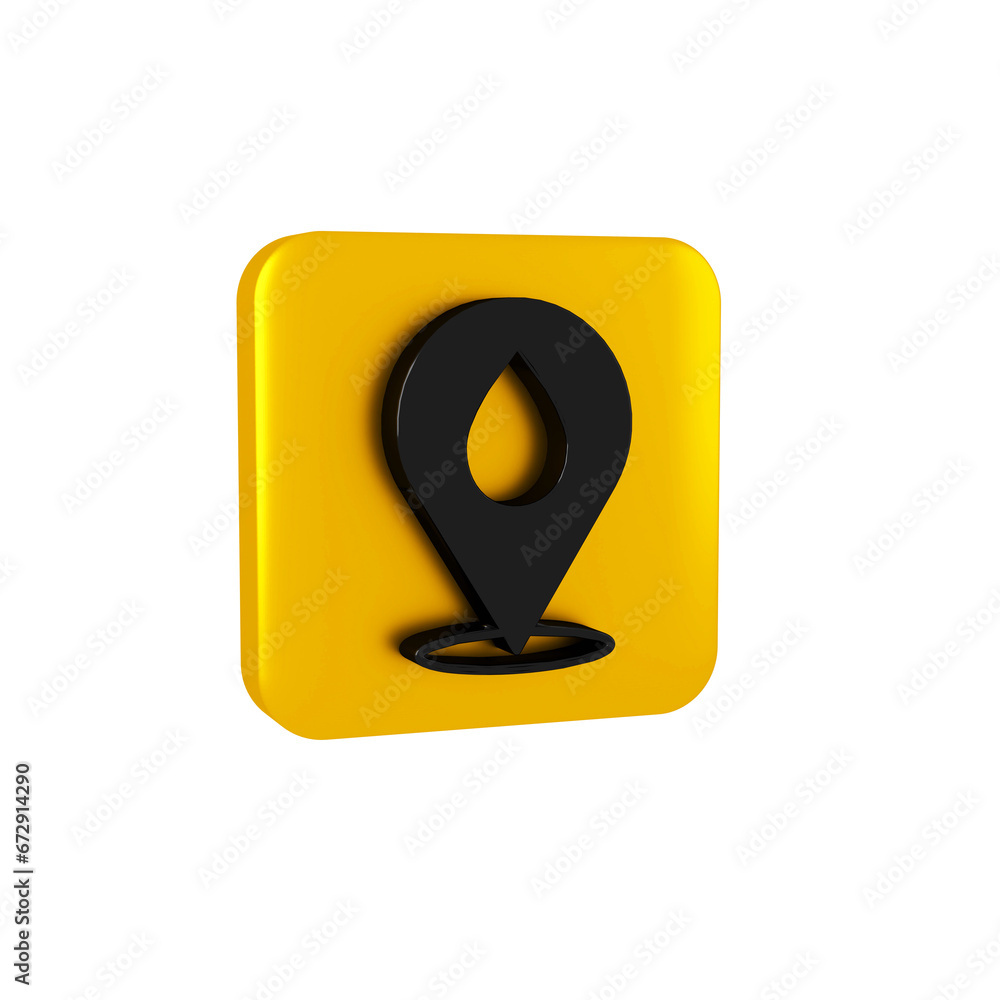 Poster black water drop with location icon isolated on transparent background. yellow square button.