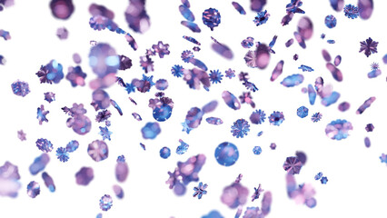 3d snowflakes blizzard. Macro with depth of field in transparent background